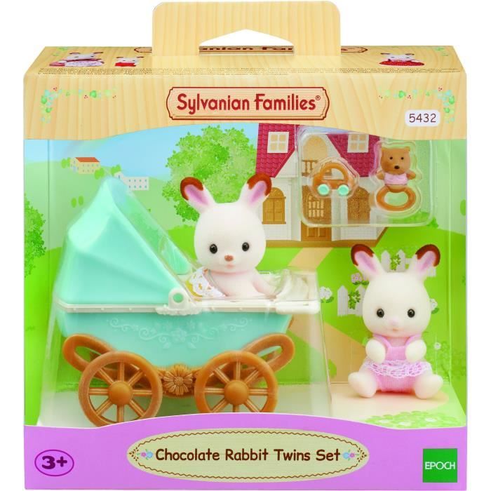 figurines miniatures - sylvanian families - les jumeaux lapin chocolat et leur poussette double