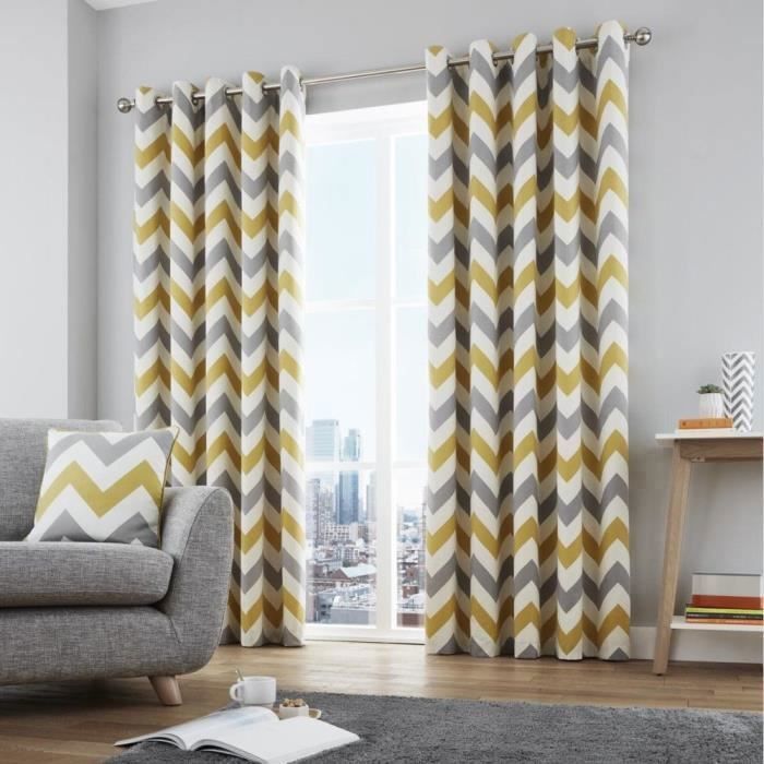 Rideaux doublés à œillets - coton-imprimé à motif chevrons ...