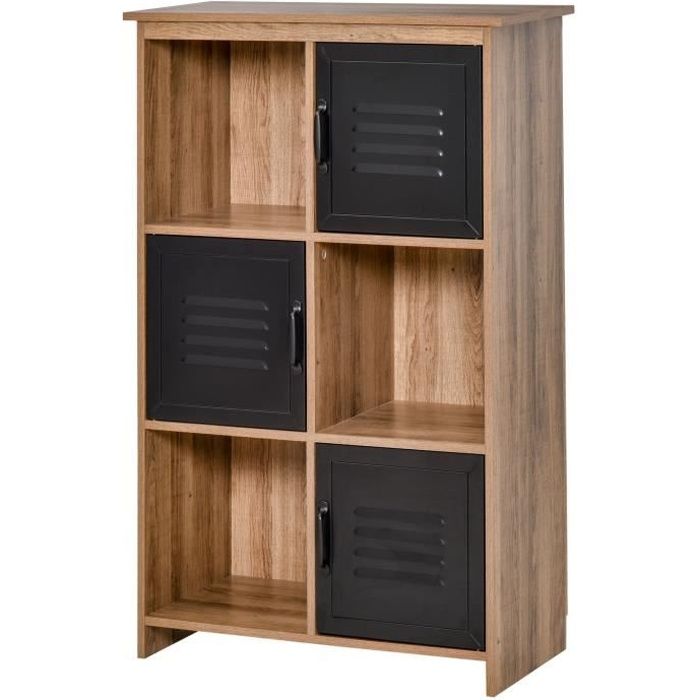 HOMCOM Bibliothèque Design Industriel 3 Niches 3 Casiers Portes Métal Noir