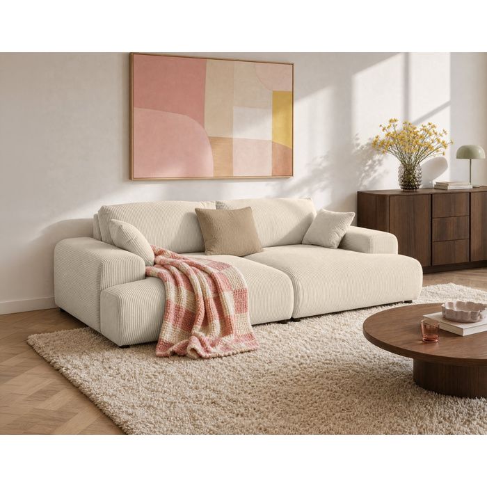 Garance - canapé droit 4 places double méridienne - assise profonde - en velours côtelé - Beige