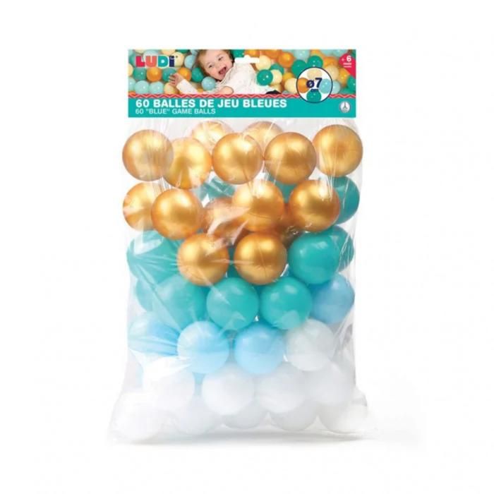 LUDI - Sac de 60 balles bleues souples en plastique anti-écrasement. A partir de 6 mois.