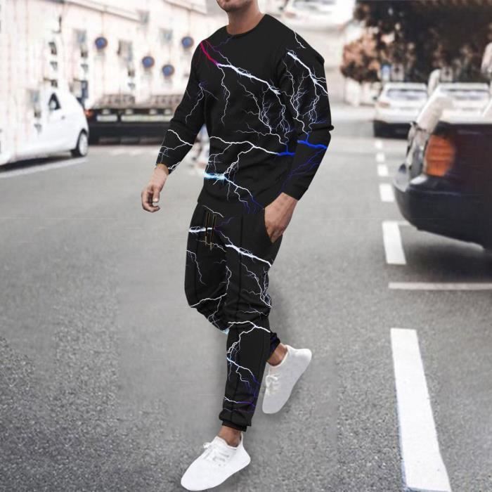 Ensemble Homme Sasaquoy Thunderbolt imprim col rond manches longues pantalon costume de sport d contract la mode Blanc