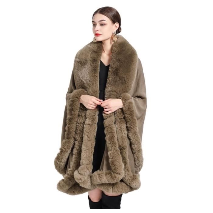 Cape en fausse fourrure Manteau de laine Manches longues Automne Hiver Femme Kaki Kaki Cdiscount Pret a Porter