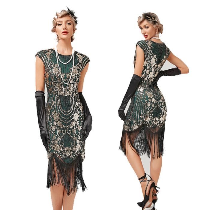 Robe de Soirée Bal Déguisement Femme Année 20 Charleston Vintage Rétro  1920s Franges Paillettes Robe Cocktail Cérémonie XS-3XL Vert