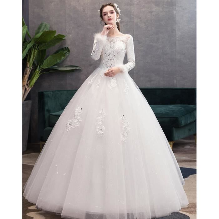 Robe De Mariée Femme Tulle Princesse Manches Longues Robe Garder Au Chaud En Hiver