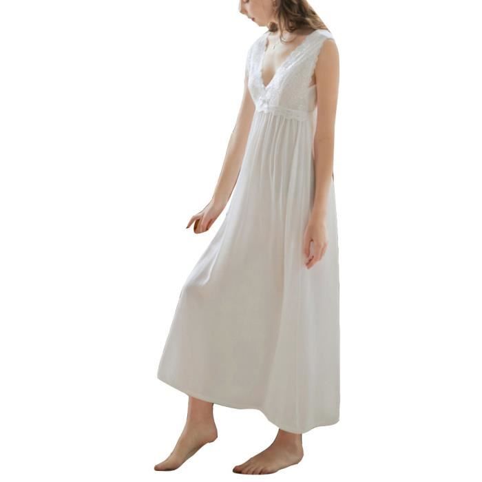 Femme Chemise de nuit a bretelles Princesse Col V profond Dentelle avant Pyjama Sans manches Vetements de nuit Longue blanche Blanche Cdiscount Pret a Porter