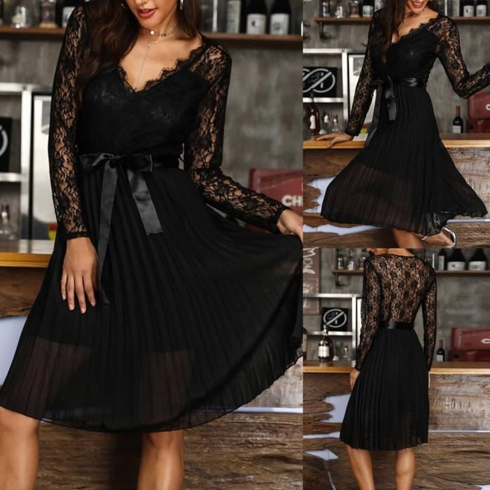 Mode Femmes V cou A Manches Longues Bandage Maille Dentelle Corsage Plissee Casula Robe Le noir Le noir Cdiscount Pret a Porter