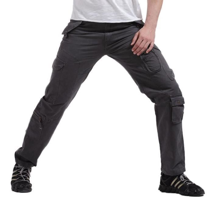 Pantalon Cargo Homme - Couleur Gris - Coupe Droite - Multi-poches en Coton