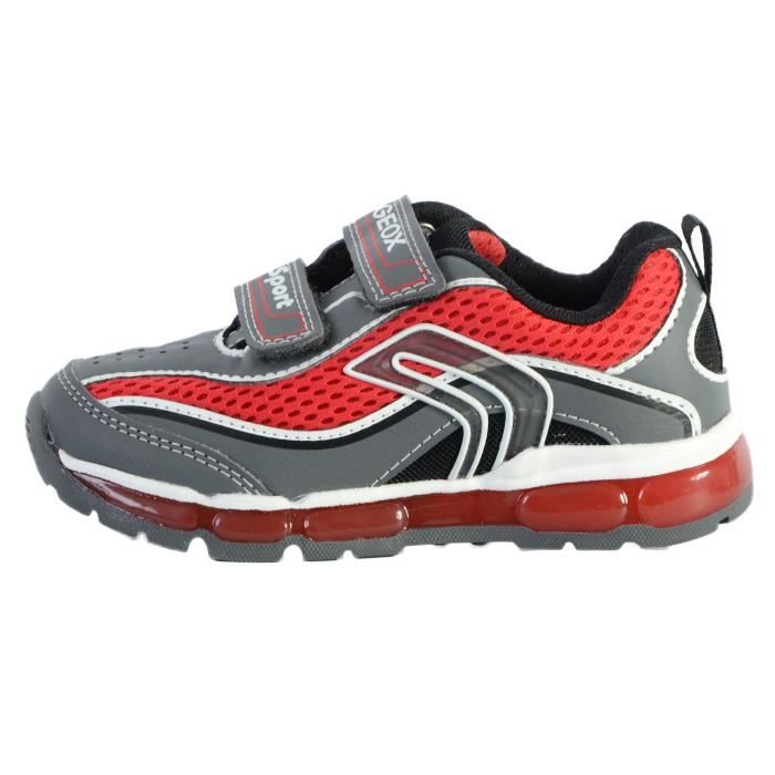 Basket Enfant Cuir Geox Android Gris fonce rouge Garcon Lacets