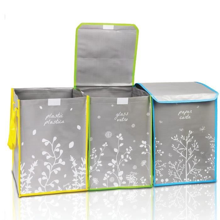 Lot De 3 Poubelles De Tri 27L Avec Couvercle - Noir/Blanc/Gris, Design Compact Pour Cuisine