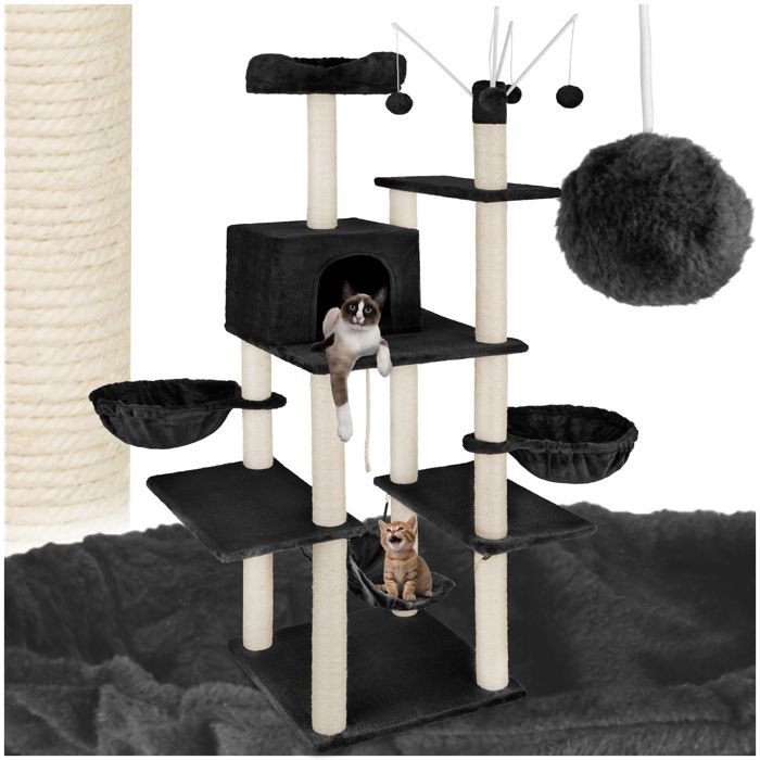 Arbre à chat - TECTAKE - Arbre à chat LILOU avec griffoir plateformes descalade couchages et jouet 120 x 61 x 165 cm - Noir