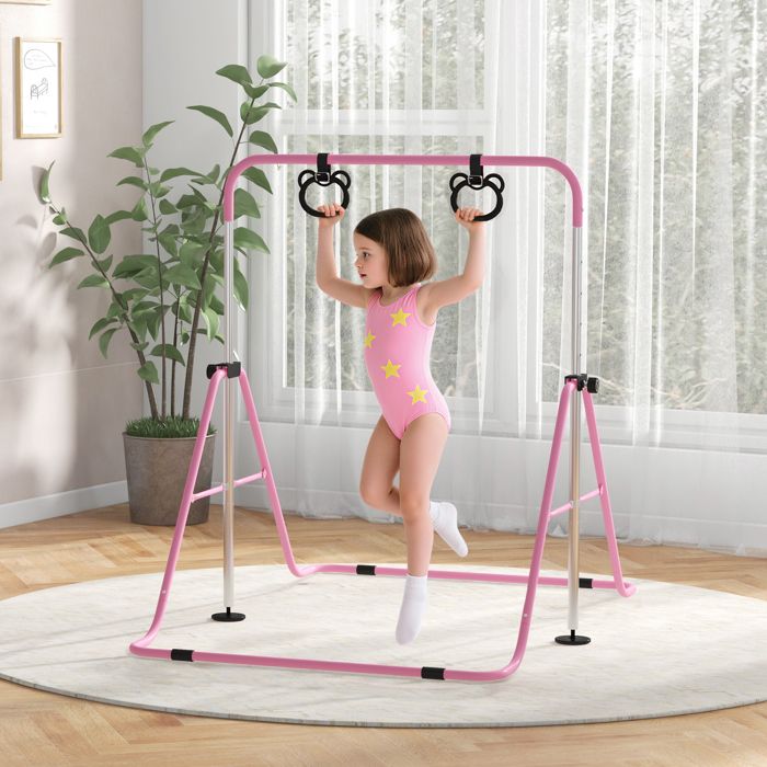 Barre De Gymnastique Pliable Pour Enfants 3-12 Ans - Hauteur Réglable 115-155 Cm, Charge Max 100 Kg, Acier Rose