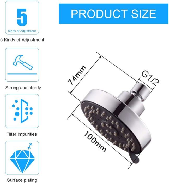 WANTOUTH Pommeau De Douche Pluie 10 Cm - 5 Modes Haute Pression Argenté - Économie D'Eau