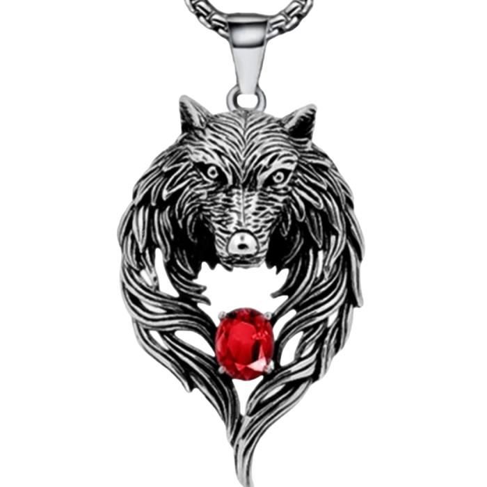 COLLIER LOUP ARGENT ET PIERRE ROUGE, FIGURINE LOUP, BIJOUX LOUP