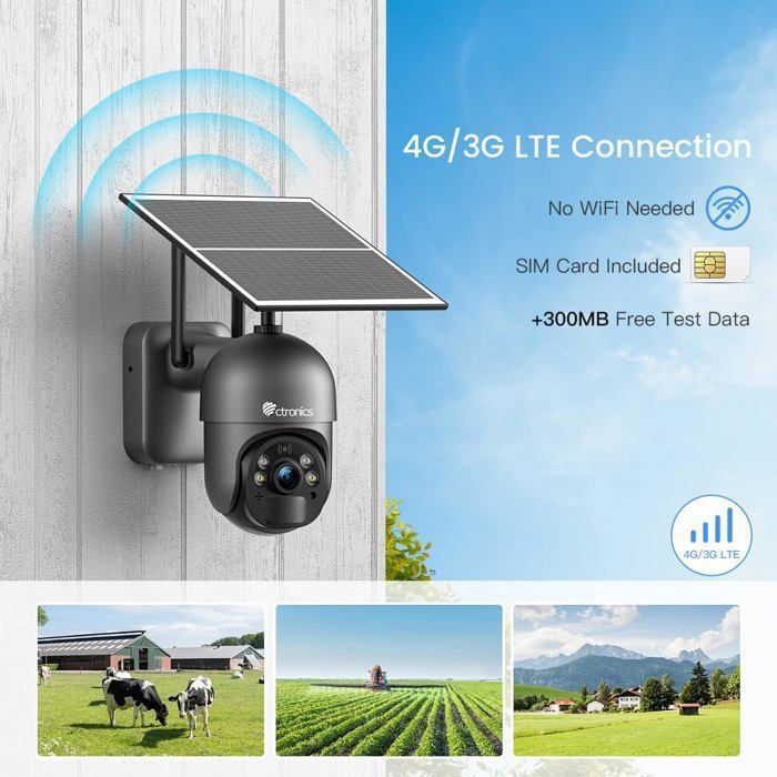 Ctronics 2K 3MP Caméra Surveillance WiFi Extérieur sans Fil Solaire PTZ IP  Caméra de Surveillance sur Batterie