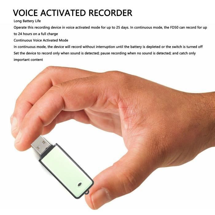 Enregistreur Vocal Mini Espion - 600h D'autonomie - Activation Vocale - Format WAV