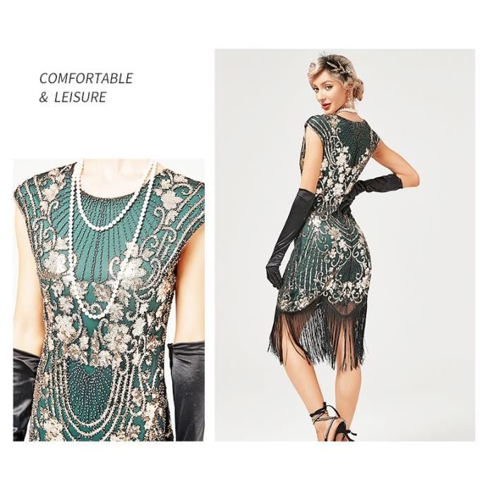 Robe de Soirée Bal Déguisement Femme Année 20 Charleston Vintage Rétro 1920s  Franges Paillettes Robe Cocktail Cérémonie XS-3XL Vert Vert - Cdiscount  Prêt-à-Porter