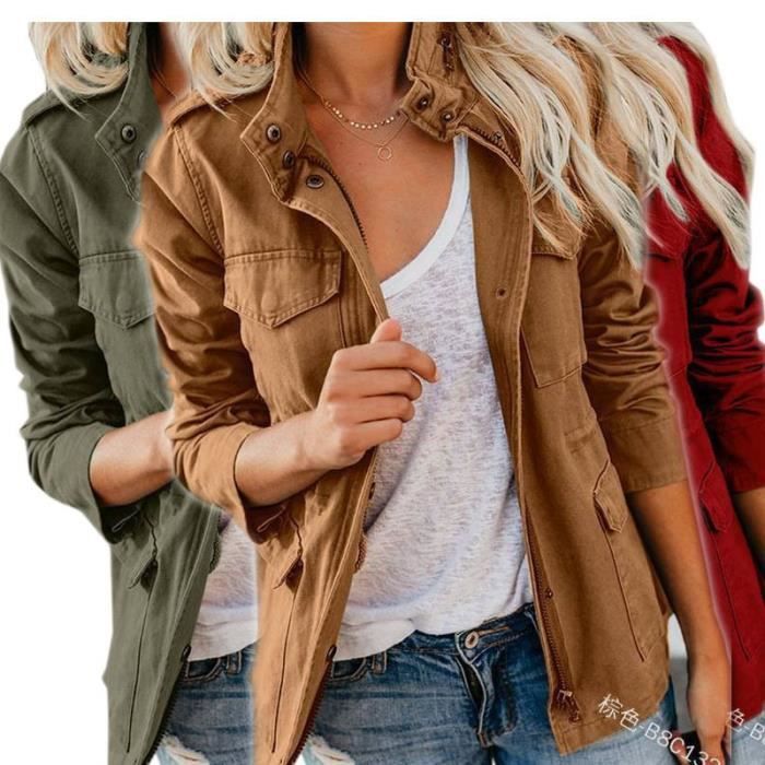 Veste Femme Militaire BlousonSaison Manteau Court Casual Zipper
