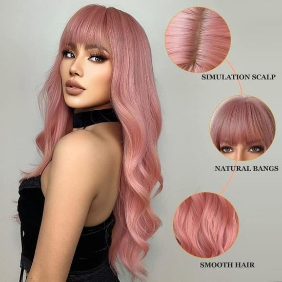 Perruque longue store rose