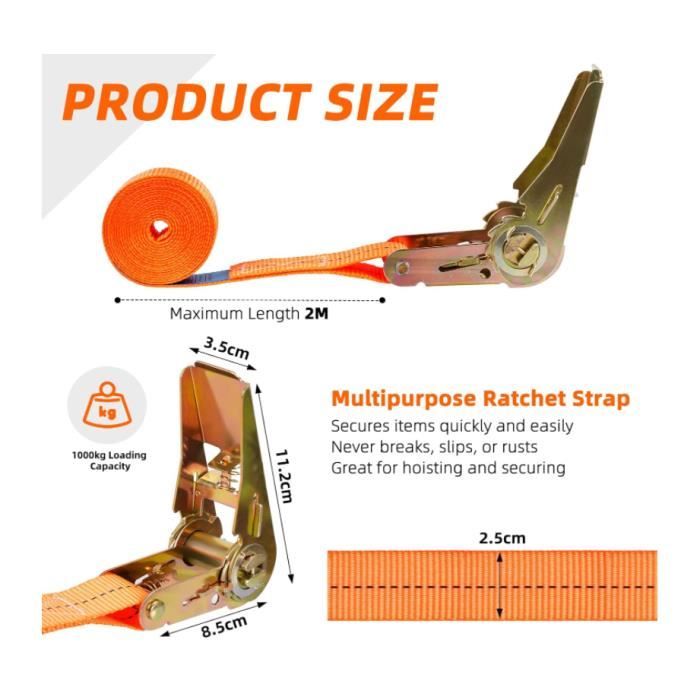 MOYKSRR 4 Pièces Sangle à Cliquet, Sangle D'Arrimage Avec Tendeur, Sangle A Cliquet 6M X 25MM, Sangle D'Arrimage à Cliquet - Charge Maximale 800 Kg Pour Moto, Cargaison, Remorque, Camions, Bagages