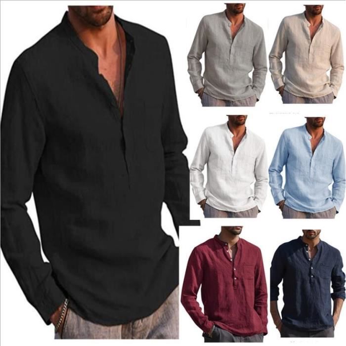 Veste En Lin Hommes Manches Longues été Cardigan En Lin De Travail Décontractée Plage Classique Col Mao Yoga Ample Et Respirant Chemise Boutonnée Coton Lin T-Shirts Top Pas Cher