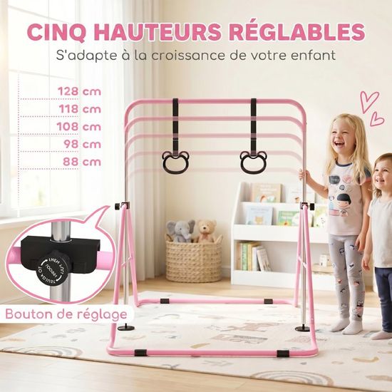 HOMCOM Barre Gymnastique Enfant Pliante – Hauteur Réglable 88-128 Cm, Base Triangulaire Acier, Rose, 3-8 Ans