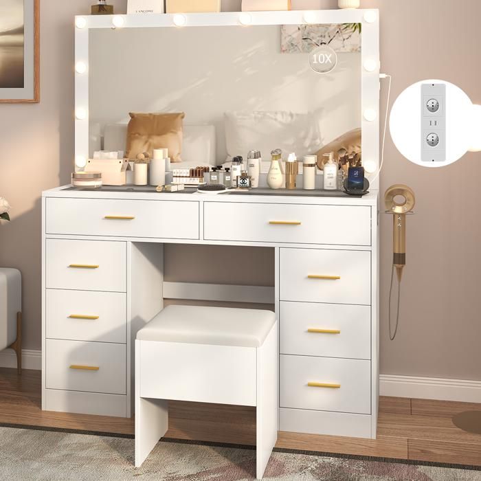 ZZINOKE Coiffeuse avec Tabouret et Miroir LED, Luminosité Réglable
