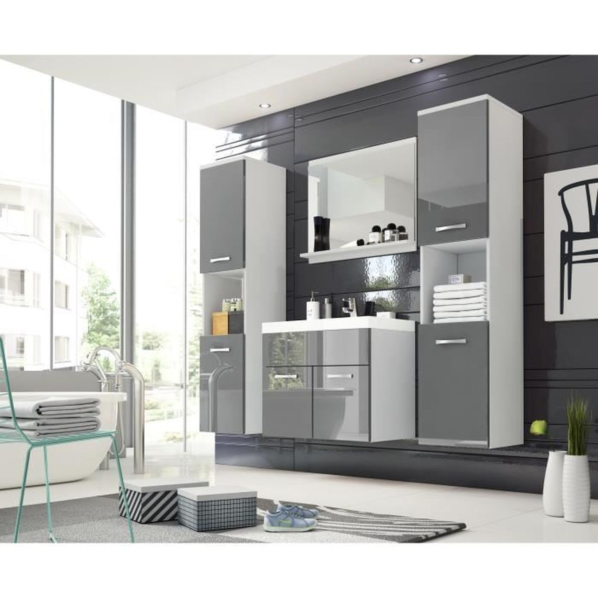 Meuble Salle De Bain Mai & Mai 150cm - 2 Tiroirs, Lavabo Résine, Gris Noir, Étanche