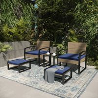 Salon de jardin 5 pièces Calvello avec table 2 chaises 2 repose-pieds aspect rotin bleu marine noir