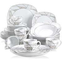 Veweet SERENA 30pcs Service de Table Porcelaine 6pcs pour Assiette Plate, Assiette à Dessert, Assiette Creuse, Tasse avec Soucoupes
