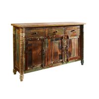 Buffet Vitrine En Bois Massif Recyclé Laqué Multicolore - Style Ethnique Vintage - Dimensions 90x40x180 Cm, Livré Monté