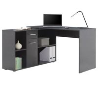 Bureau d'angle CARMEN table avec meuble de rangement intégré et modulable 4 étagères 1 porte et 1 tiroir, décor béton foncé