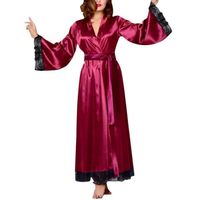 Robe de Chambre Femmes Sexy Longue Robe De Bain En Soie Robe De Bain En Dentelle Lingerie Vin Rouge Chemise De Nuit