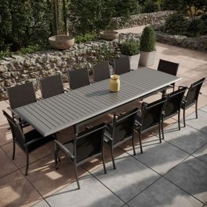 Ensemble table et chaise de jardin Table de jardin extensible aluminium 220/320cm + 12 fauteuils empilables textilène Gris Anthracite - ANDRA XL