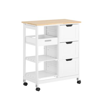 Chariot De Cuisine à Roulettes - Desserte Rangement 3 Tiroirs + 2 Étages - Meuble Mobile Blanc - L68 X P38 X H85cm