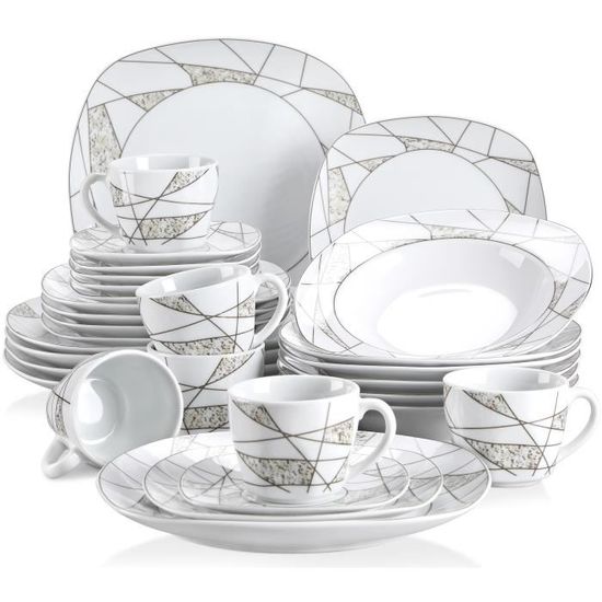 Veweet SERENA 30pcs Service de Table Porcelaine 6pcs pour Assiette Plate, Assiette à Dessert, Assiette Creuse, Tasse avec Soucoupes