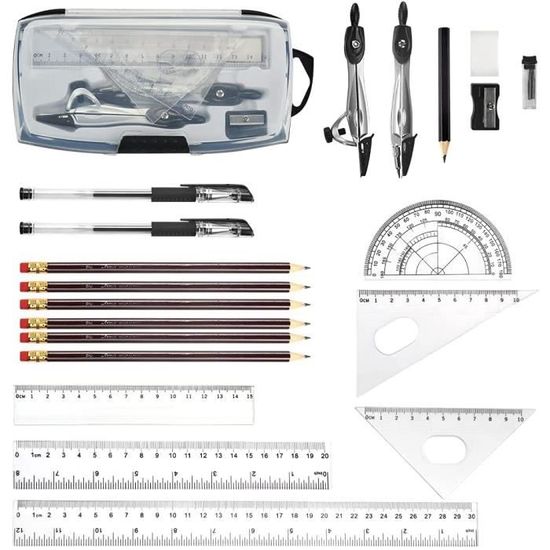 Trousse Géométrie 8 Pièces - Rapporteur, Boussole, Règles, équerres - Étui Rose - Parfait Collège Et Lycée