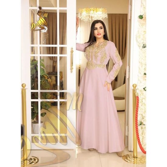 Caftan Rose Malaki poudre Marque inconnue Brode dore Ceinture doree Femme Adulte
