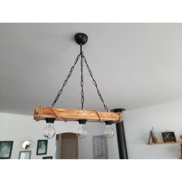 Luminaire lustre 3 branches bois et métal vintage années 50 - Décoration