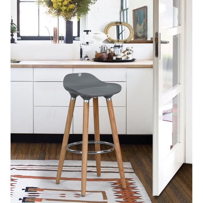 FurnitureR Lot de 2 Tabourets de Bar Cuisine Scandinaves Chaises de Bar Haute avec repose-pieds Design Grey en Bois et Plastique