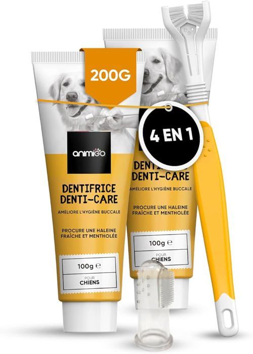 Animigo Kit Dentifrice Chien Anti Tartre sans Rincage + Bros