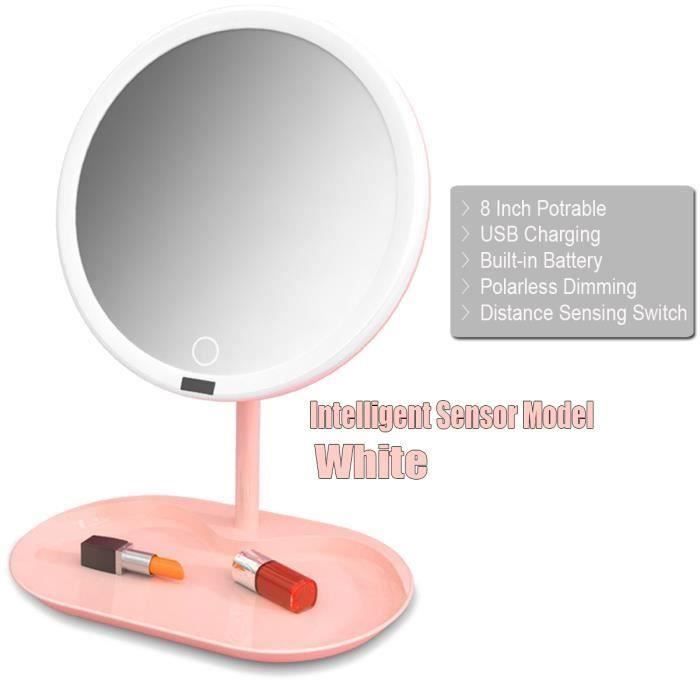 Miroir De Maquillage avec plateau de rangement -Lumière homéopolaire Réglable LED -rotatif 360° rose 8 pouces avec induction Ro41957