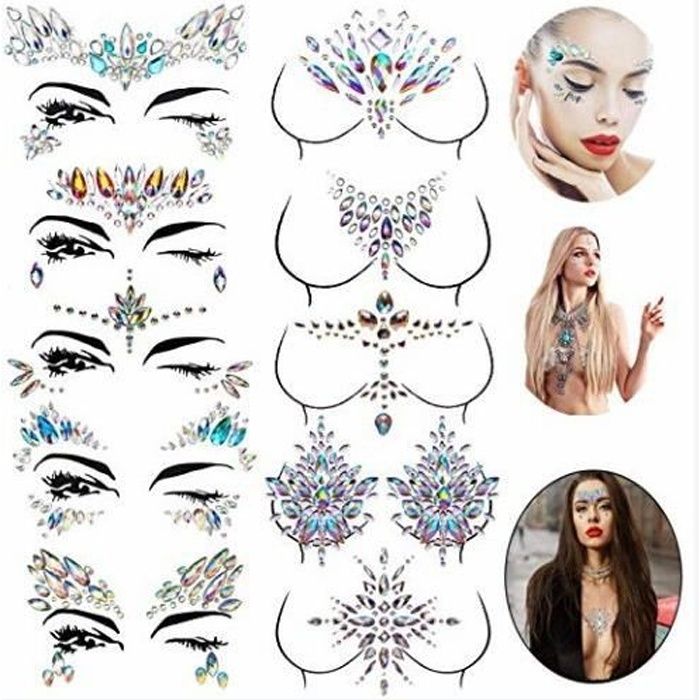 Warsoniod strass autocollant visage, bijoux de poitrine, Tatouage Temporaire Strass Bijoux Sein pour Femme visage Corps, 10pcs