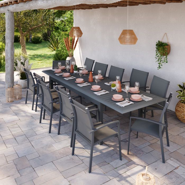 Table de jardin extensible aluminium 220/320cm + 12 fauteuils