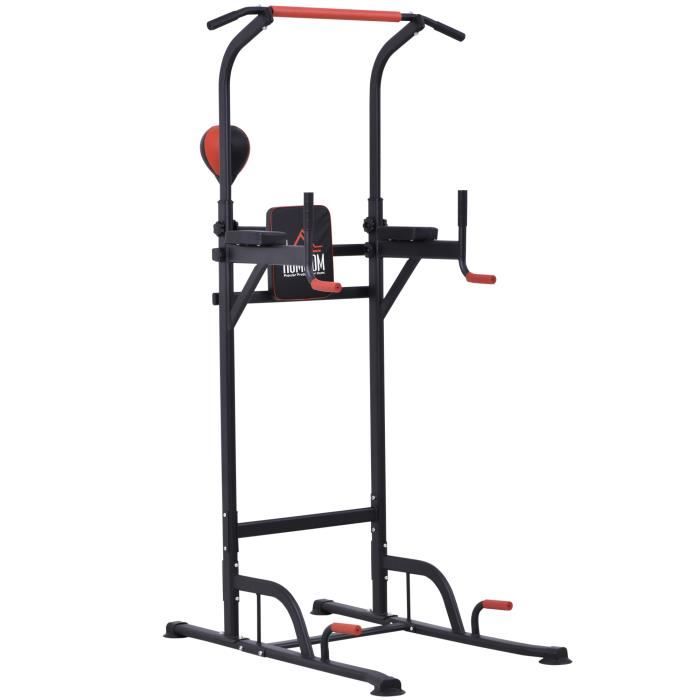 HOMCOM Station de traction musculation multifonctions punching ball chaise romaine hauteur réglable acier noir rouge