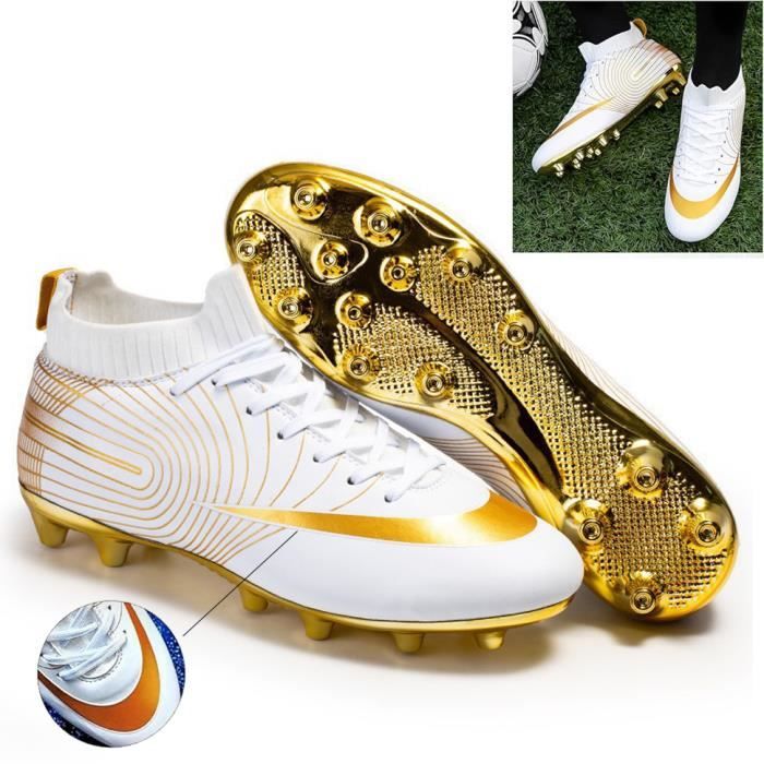 Chaussures de Football Crampons Professionnel Spike Chaussure de Foot Antidérapant pour unisexe or blanc
