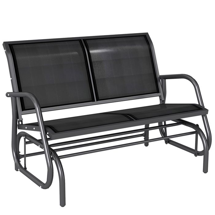 Banc à bascule de jardin design contemporain grand confort accoudoirs assise et dossier ergonomique acier textilène noir 123L x 7...