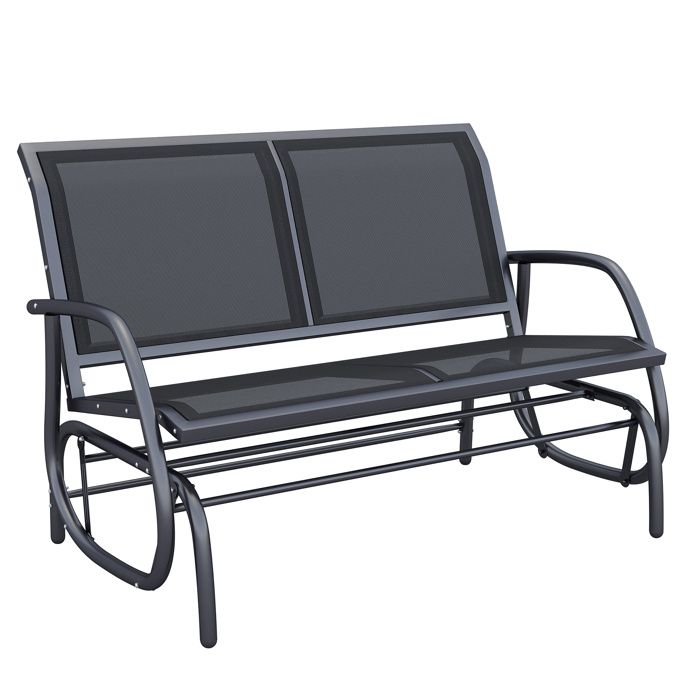 Banc à bascule de jardin design contemporain grand confort accoudoirs assise et dossier ergonomique acier textilène noir 123L x 7...