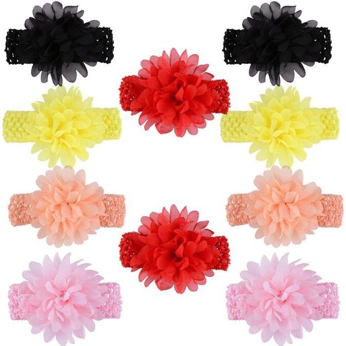10pcs couleurs assorties Bébés filles Bandeaux en mousseline de soie Fleur dentelle bande cheveux pour nourrissons