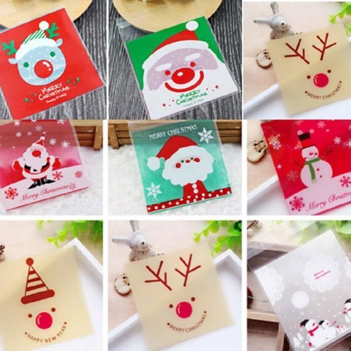 100Pcs Sacs a bonbons Sac Sachet Mignons Motif de Pere Noel Pochette Sachet pour Bonbon Biscuit Chocolat Friandise Sucreries Sacs